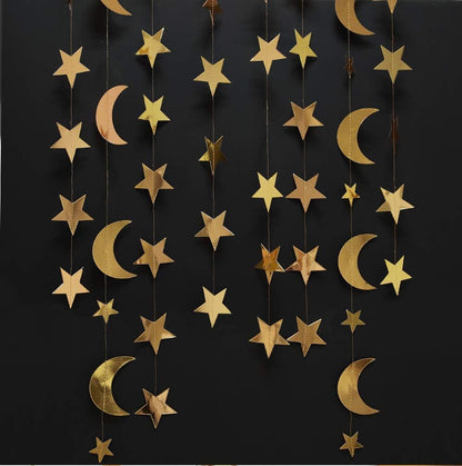 Decor365 Gold Moon Star Garland Ramadan Decorations Twinkle Little Star Two the Moon Birthday Party Decoration Whimsical Decor Starry New Year Eve Banner Hanging Stars Baby Shower EID Muburak Decor