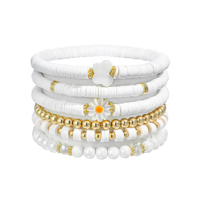 GOOJIDS White Surfer Heishi Clay Bead Bracelets for Women Bohemian Stackable Gold Beaded Stretch Bracelets Elastic Layering Friendship Bracelets Set Boho Jewelry