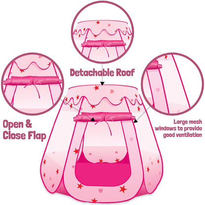 ArtCreativity Pop Up Princess Tent, Kids Playhouse Tent with a Carry Bag, Foldable Pink Princess Ball Pit for Girls 1,2 3,4 Year Old Birthday, Indoor & Outdoor Play House for Kids
