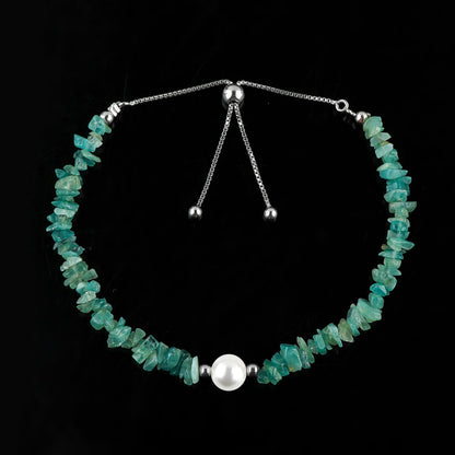 CRYSTALIS Natural Grandidierite Beads Slider Bolo Bracelet with Elegant Pearl, Uncut Chips Nuggets Crystals, Chakra Healing Gemstone, Women Jewelry, 925 Sterling Silver Slider 10 inch