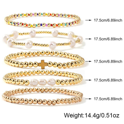 SHINUS BOHO Dainty 14K Gold Plated Pearl Beaded Cross Bracelets Stack Set for Women,Stretch Boho Christian Faith Colorful Beads Ball Jewelry Friendship Summer Trendy Gift