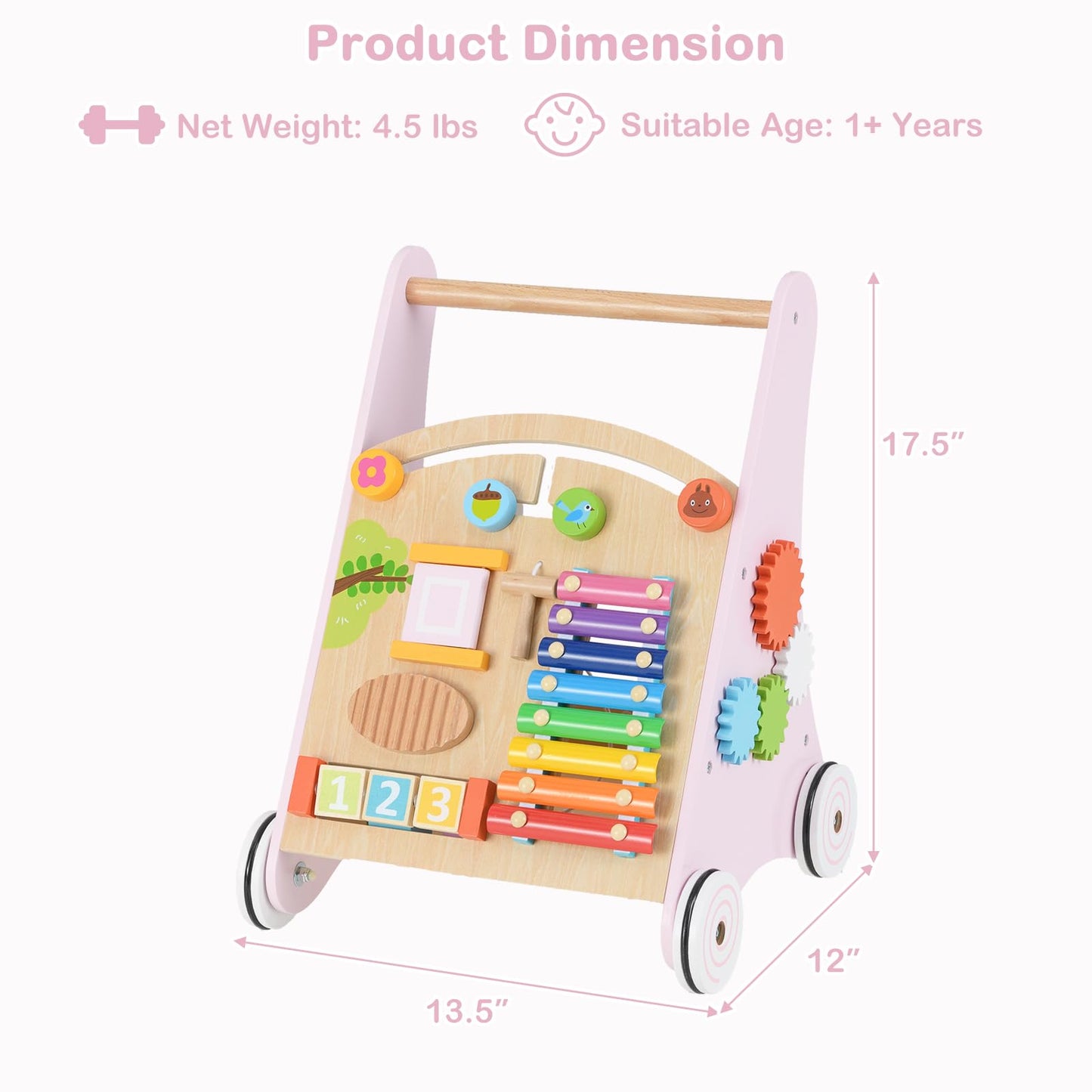 INFANS Wooden Baby Walker, Montessori Walker with Multiple Activity Toys, Storage, Push Walker Toys for Infant Learning to Walk, Sit to Stand Walker for Boys Girls