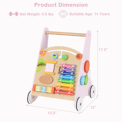 INFANS Wooden Baby Walker, Montessori Walker with Multiple Activity Toys, Storage, Push Walker Toys for Infant Learning to Walk, Sit to Stand Walker for Boys Girls