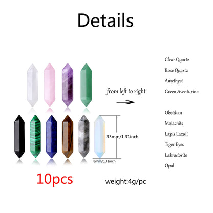 10PCS Healing Crystals Stones Sets Natural Amethyst Rose Quartz Clear Quartz Tiger Eye Reiki Gemstones Bulk Hexagonal Points Energy Balancing Chakra Meditation Therapy Gift
