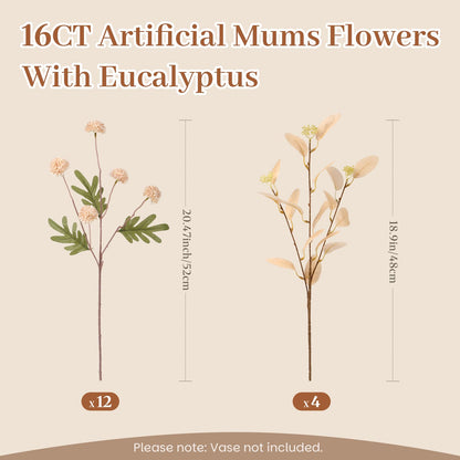 Alupssuc 16PCS Faux Silk Pompon Mums Artificial Flowers with Eucalyptus, Fake Chrysanthemum Floral for DIY Vase Arrangement, Long Stem Dining Table Centerpiece Home Decor, Beige