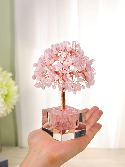 Jovivi Large Crystal Tree with Square Glass Base, Rose Quartz Healing Crystals Tree Life Natural Chipped Gemstone Money Trees Feng Shui Good Luck Positive Energy Pink Home Desk Decor