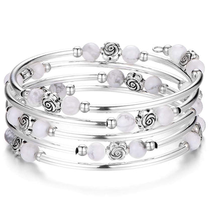 BULINLIN Wrap Bangle Rose Bead Bracelet - Beaded Bracelet with Natural Agate Stone Gifts For Women(01-Howlite)