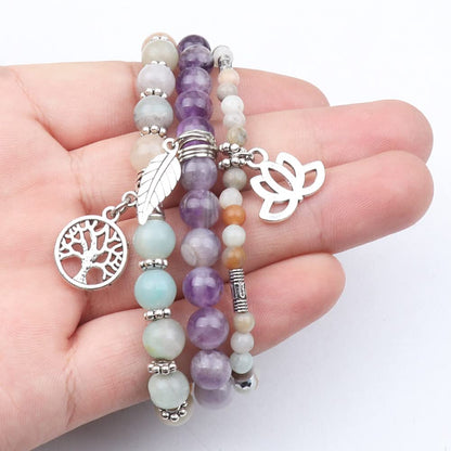 UEUC Tree of Life Yoga Healing Stone Bracelets, Multilayer Lotus Chakra Stone Reiki Bracelet Sets, Anxiety Crystal Natural Stone,for Women Stress Relief(#135)