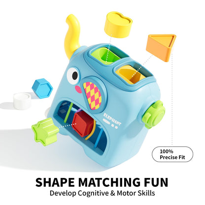 SOCBTNSO Elephant Interactive Shape Sorter Toys for 18 Months+, Montessori Matching & Sorting Toys with 6 Sensory Shape Blocks, Developmental Infant Birthday Gifts for Learning Toddler
