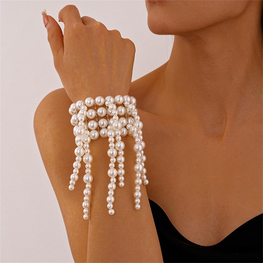 Sither Layerd Pearls Bracelet for Women Boho Large Pearls Stretch Bracelet Jewelry Set for Halloween Christmas Gift