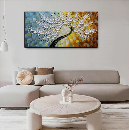 YaSheng Art - Wall Art Oil Painting ,100% HandPainted 3D Texture Wall Art Artwork White Flower Tree Paintings ,Abstract Canvas Wall Art ,Bedroom Dining Room Living Room Modern Wall Art Decor Home , Framed Wall Art Picture 24x48inch