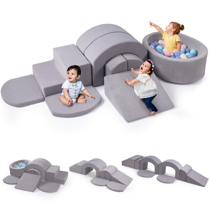 Rinnebbit 9-Piece Foam Climbing Blocks for Toddlers, Baby Climb and Crawl Soft Play Set with Ball Pit, Machine Washable Cover, Indoor Activity Play Structure, Climbing Toys for Toddlers 1-3 (Gray)