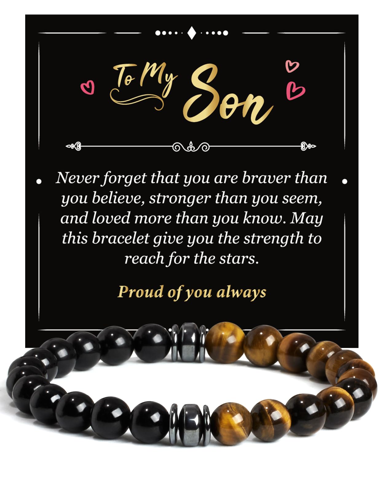 Landorilo Gifts for Men, 8mm Natural Stone Beaded Bracelets, Black Tourmaline & Tiger Eye Healing Bracelet, Handmade Mens Jewelry Gift for Him, Husband, Son, Father, Friend(To My Son-8.3in)