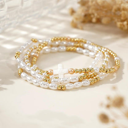 Bohxantium Pearl Gold Beaded Bracelets Set for Women White Cross Bracelet Stack Stretch 14K Gold Plated Beads Ball Stackable Non Tarnish Trendy Dainty Jewelry Friendship Christian Gifts for Women