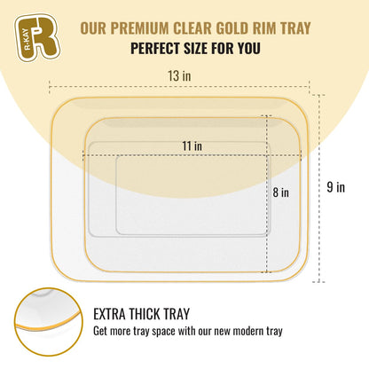 3 Pack Plastic Serving Trays for Party - Gold Serving Tray 8 x 11 Inch - Heavy Duty Dessert Trays for Food - Rectangular Party Serving Trays for Entertaining - Clear Cookie Platters