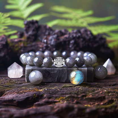 MetJakt Healing Crystals Beaded Bracelets for Womens Natural Gemstone 8mm Beads Stretch Bracelets with 925 Sterling Silver Double Happiness Pendant (Labradorite AAA)