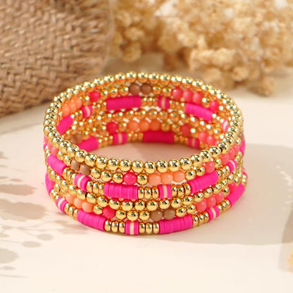 Bohxantium Gold Beaded Friendship Bracelets Stack for Women Boho Pink Heishi Clay 14K Gold Plated Beads Ball Stackable Stretch Surfer Colorful Preppy Bracelet Trendy Jewelry Daily Wear Birthday Gift