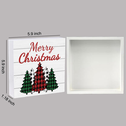 Christmas Decorations Indoor Christmas Decor Table Home Room Buffalo Plaid Tree Office Bathroom Wood Box Sign Rustic Wooden Shelf Desk Decor Season Sign House Warming Gifts 5.9 x 5.9 Inch