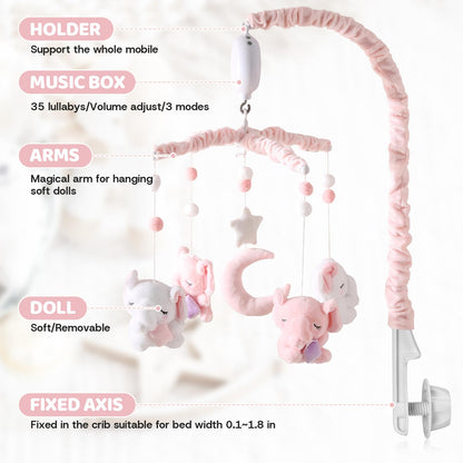 Baby Crib Mobile - Elephant Mobile for Crib with 28 Inches Mobile Arm and 35 Lullabies Musical Box, 3 Modes Digital, Volume Control, Essential Gift for Infant Boys Girls Bedroom Hanging Decor
