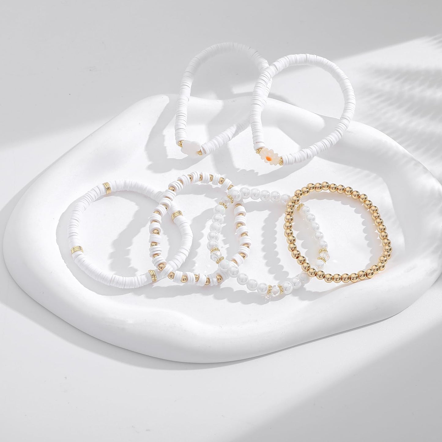 GOOJIDS White Surfer Heishi Clay Bead Bracelets for Women Bohemian Stackable Gold Beaded Stretch Bracelets Elastic Layering Friendship Bracelets Set Boho Jewelry