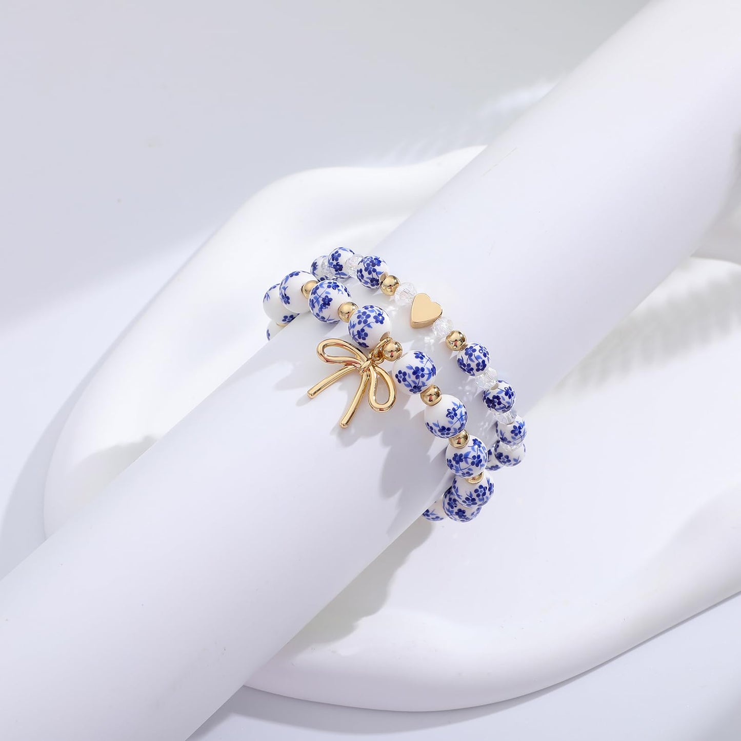 Dainty Bow Charm Beads Bracelet for Women Blue And White Vintage Ceramics Flower Bracelet Handmade Stretch Cute Beaded Romantic stackable Jewelry Gifts