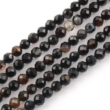 Song Xi 120pcs 3mm Natural Black Striped Agate Gemstone Beads Faceted Round Loose Stone Beads for Jewelry Making (1 Strand)