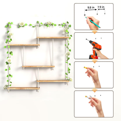 FKSLIFE Hanging Shelves for Wall,Macrame Hanging Plant Shelf with Vine Lights 5 Tier Rope Floating Shelf Wood Organizer Storage Rack Boho Wall Decor Aesthetic for Succulents Bedroom Bathroom Kitchen