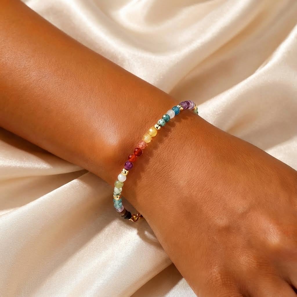 Opalencian 7 Chakra Crystal 4mm Beaded Bracelets for Women,Dainty Adjustable Natural Stone Bead Spiritual Friendship Bracelet Spiritual Anxiety Relief Fashion Charm Jewelry Gifts