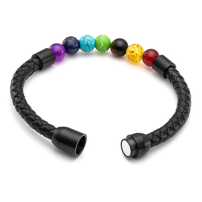 Jovivi 7 Chakra Beads Bracelet Healing Crystals Stone Energy Beads Balancing for Men Women Leather Cuff Bracelets Stainless Steel Buckle