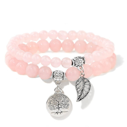 Rose Quartz Bracelets for Women Pink Quartz Natural Stone Crystal Bracelet Gemstone Beaded Bracelet Boho Tree of Life and Leaf Charm Bracelet Rose Quartz Jewelry for Women