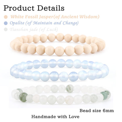 NCB 3-Piece 6mm Natural Crystal Gemstone Stretch Bracelets – ﻿Opalite, Tianshan Jade, White Fossil Jasper Handmade Reiki Energy Healing Jewelry for Meditation,Yoga, Unisex