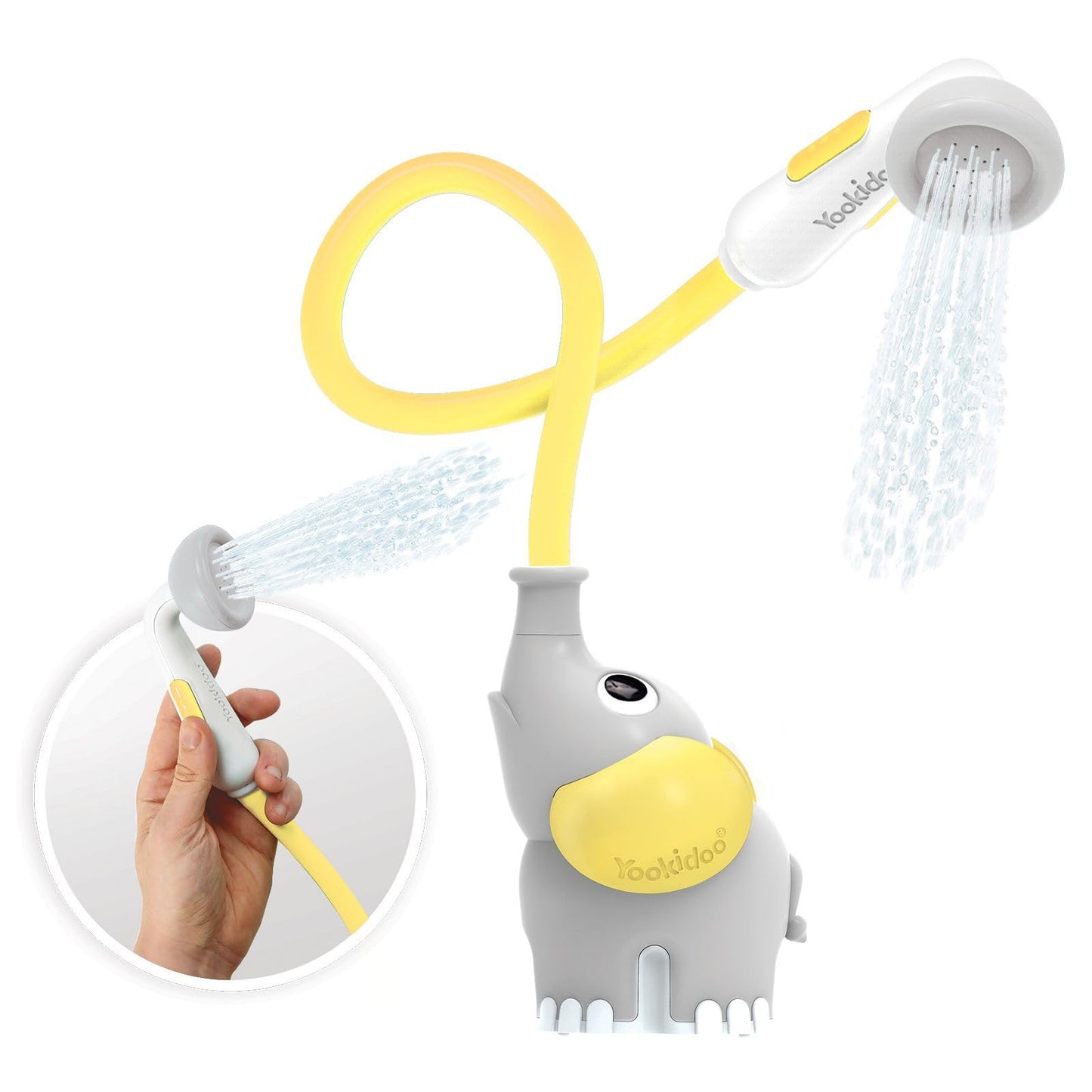 Yookidoo Baby Bath Shower Head - Elephant Water Pump and Trunk Spout Sprayer and Rinser-Control Water Flow from 2 Knobs Baby Bath Time Essentials for Newborn Babies in Tub Or Sink (Yellow)