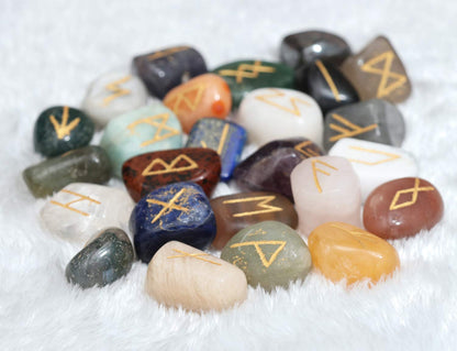 Crocon Mix Chakra Rune Tumble Shape Gemstone Rune with Elder Futhark Alphabet Engraved | 25 pcs Runes Set | Crystal Divination Healing Chakra Reiki | with a Pouch| Size : 25-30 mm