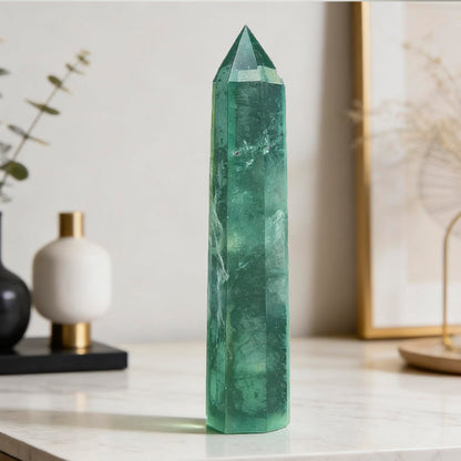 5.9 Inch Green Fluorite Point Wand, Natural Hexagonal Prism Crystal Pillar, Single Point Fluorite Crystal Stick, Reiki Healing Energy Stone, Craft Ornament for Meditation Home Decor Spiritual Gift