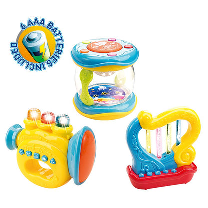 WEofferwhatYOUwant Baby Musical Instrument Set – 3 Piece Trumpet Drum Harp Bundle with Lights Songs Lullabies Interactive Play Modes Batteries Included BPA-Free Travel Ready Musical Gift for Toddlers