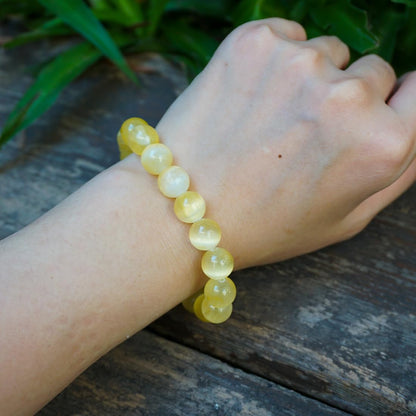 Natural Selenite Crystal Bracelet 10mm | Yellow Plated | Authentic Stone with Leather Pouch, Gift Box & Repair Kit | Fits 7-7.5 inch Wrist