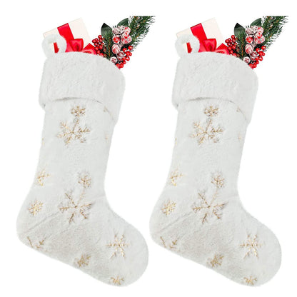 SherryDC White Plush Christmas Stockings 2 Pack, 19" Silver & Gold Snowflake Sequin Embroidered Fireplace Hanging Stockings Set for Christmas Decoration