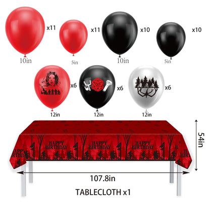82Pcs Stranger Party Decorations Set - Thriller Theme Birthday Supplies with Thickened Backdrop, Tablecloth, Balloon Arch Kit, Cake Toppers for Kids Adults Upside Down Fans