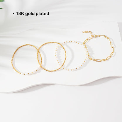 Pymach Dainty Gold Plated Pearl Crystal Beaded Bracelets Set for Women 14K Gold Plated Bead Pearl Beads Bracelet Stackable Paperclip Link Chain Bracelets Gold Plated Bracelets for Women Trendy Jewelry
