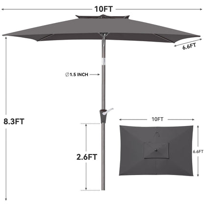 6.6 x 10 ft Rectangular Patio Umbrella, Outdoor Market Table Umbrella with Push Button Tilt and Crank, Double-Tier Vent, 6 Ribs, Rectangle Patio Umbrella for Backyard, Deck, Pool, Fits 4–6 Chairs and Tables (Grey)