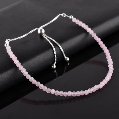ZEMBIENCE Natural Rose Quartz Gemstones Bolo Bracelet, Micro-Faceted Beads Stones, Chakra Healing Crystals, Silver Plated, Adjustable Slider, Birthstones, Handmade, Women Jewelry, Valentine Gifts, 10"