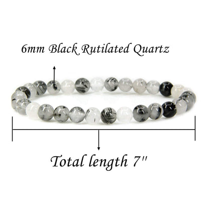 Angelstones Handmade Natural Black Rutilated Quartz Healing Gemstone 6mm Round Beads Stretch Crystal Bracelet 7 Inch Unisex