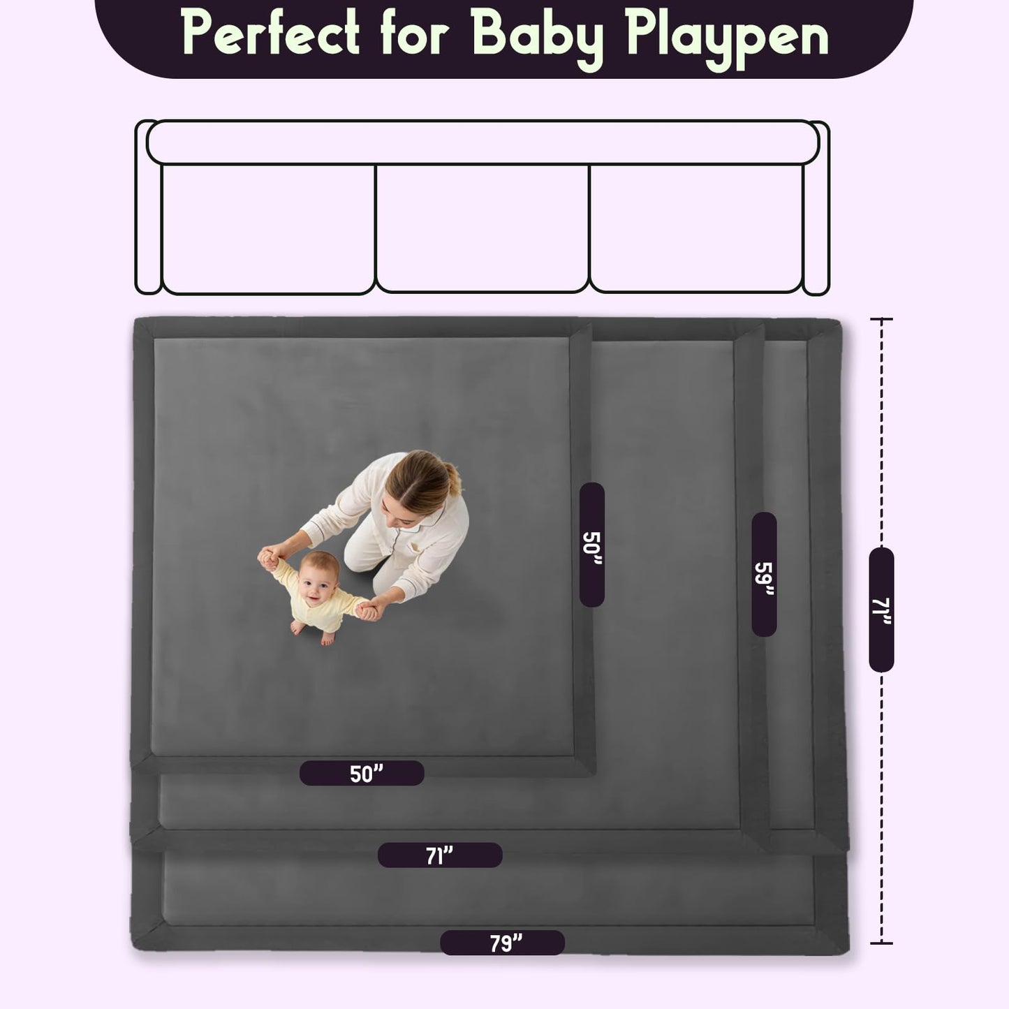 TreeBud Baby Play Mat for Floor, 1.3 Inch Thick Memory Foam Tummy Time Mat with Non Slip Backing, Soft Coral Velvet 59X79 Inch Playpen Mat Crawling Tatami for Infants Toddlers Kids, Dark Gray