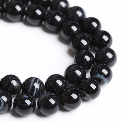 8mm 45PCS Natural Stone Black Agate Stripe Onyx Semi Precious Loose Beads for Jewelry Making DIY Bracelet