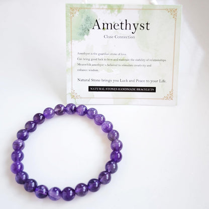 Handmade Natural Gemstone Elastic Bracelet - Healing Crystal Beads Jewelry, Unisex (Amethyst, 8mm)