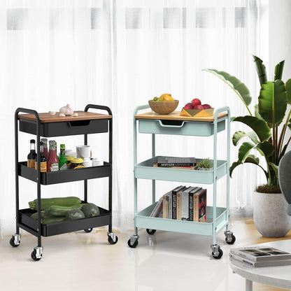 Aratan 3 Tier Rolling Cart with Drawer, Metal Utility Cart on Wheels Storage Cart with Wood Top, Kitchen Cart Art Cart Organizer for Bathroom Office Balcony Living Room