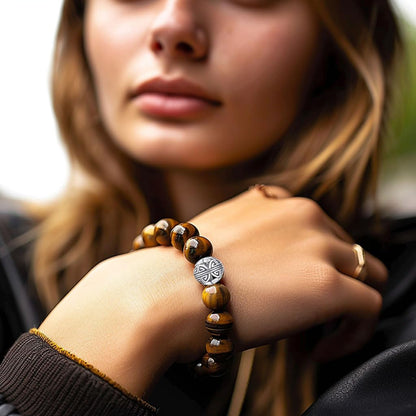 MetJakt Healing Crystals Beaded Bracelets for Womens Natural Gemstone 8mm Beads Stretch Bracelets with 925 Sterling Silver Double Happiness Pendant (Tiger Eye)