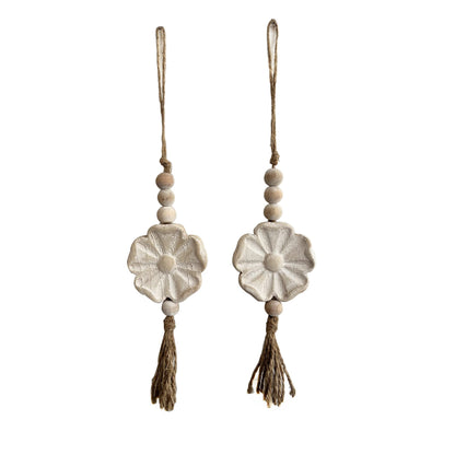 2pcs Carved Floral Tassels with Farmhouse Wood Beads - Multi-Functional Wall Decor Tray Home Decoration (Natural)