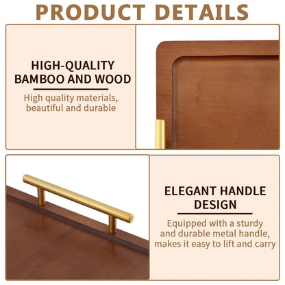 Wooden Serving Tray, 17x12In Wooden Food Drinks Tray with Metal Handles for Coffee Table, Breakfast, Dinner & Bar, Rustic Decorative Ottoman Tray for Kitchen, Parties