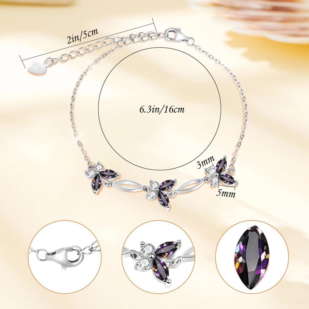 Gifts for Birthday,Holiday,Anniversary,Butterflies Bracelet Sterling Silver Jewelry Adjustable and Charming Link Bracelet for Women Ideal Gifts for Women(Colorful)